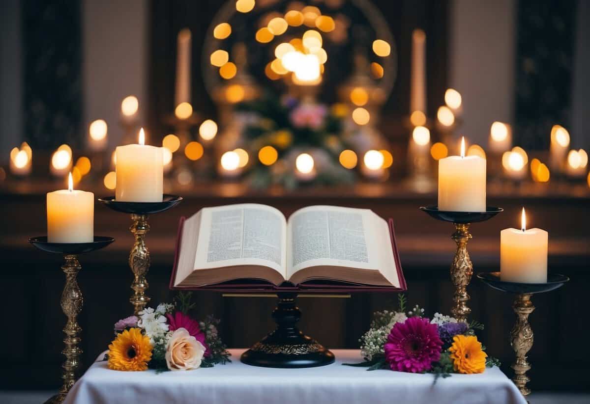 A decorative altar with candles, flowers, and a ceremonial book open on a stand