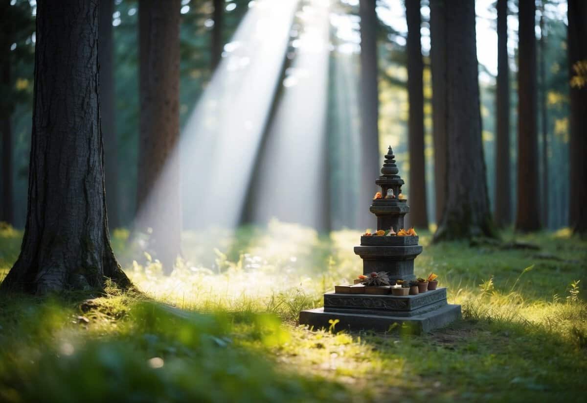 A serene forest clearing with a beam of light shining through the trees onto a small, ancient-looking altar adorned with symbolic offerings