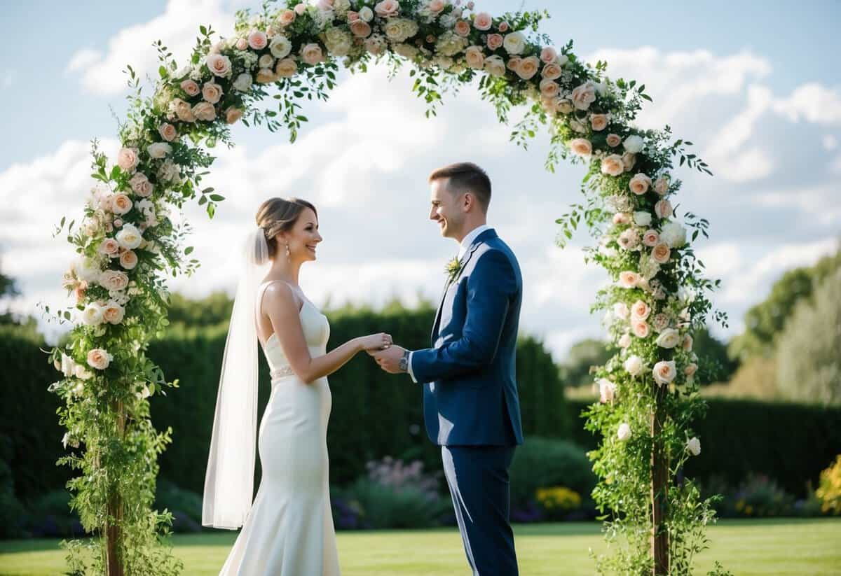 A couple standing in a garden, exchanging vows under a floral archway