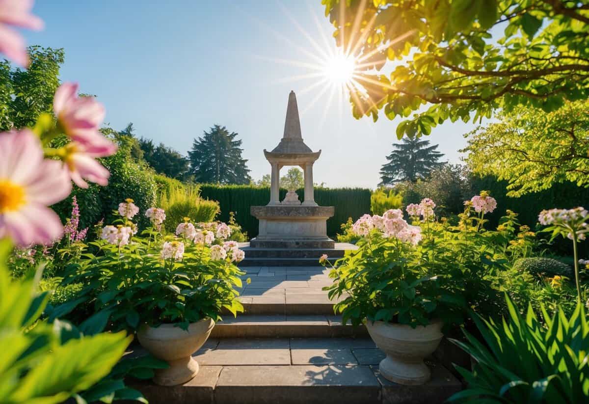 A serene garden with a stone altar, surrounded by blooming flowers and lush greenery, under a radiant sun and clear sky
