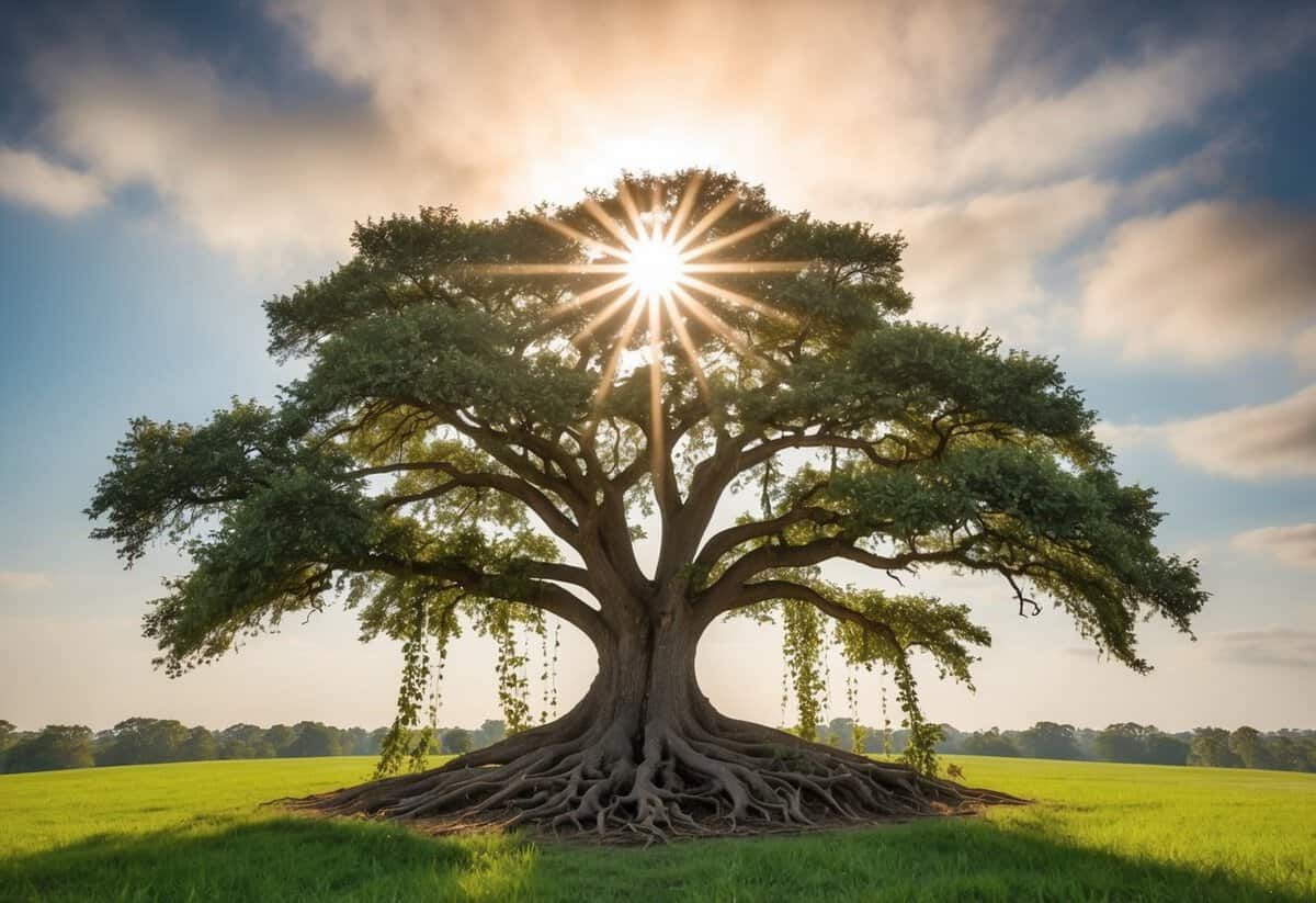 A radiant sun shining above a strong oak tree, its roots intertwined with delicate vines, symbolizing the unity and strength of a god-centered marriage