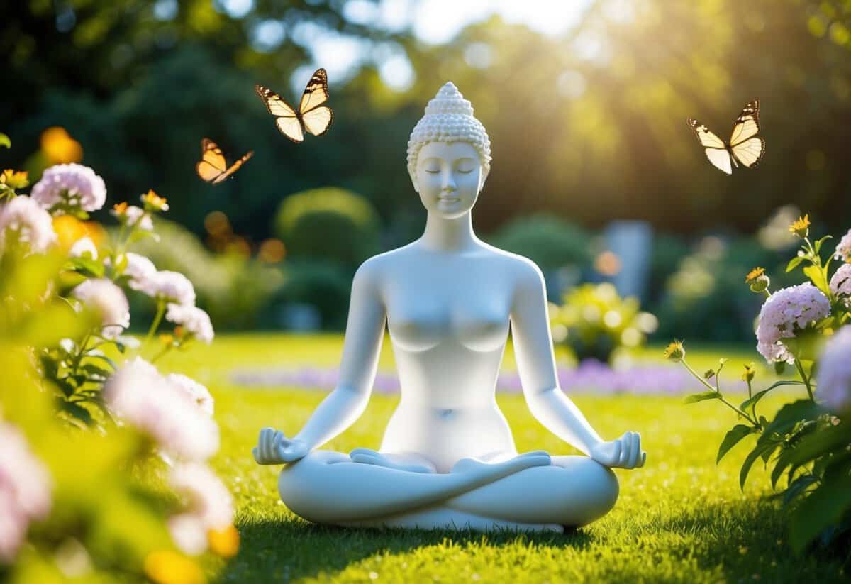 A serene figure meditating in a lush, sunlit garden, surrounded by blooming flowers and gentle butterflies