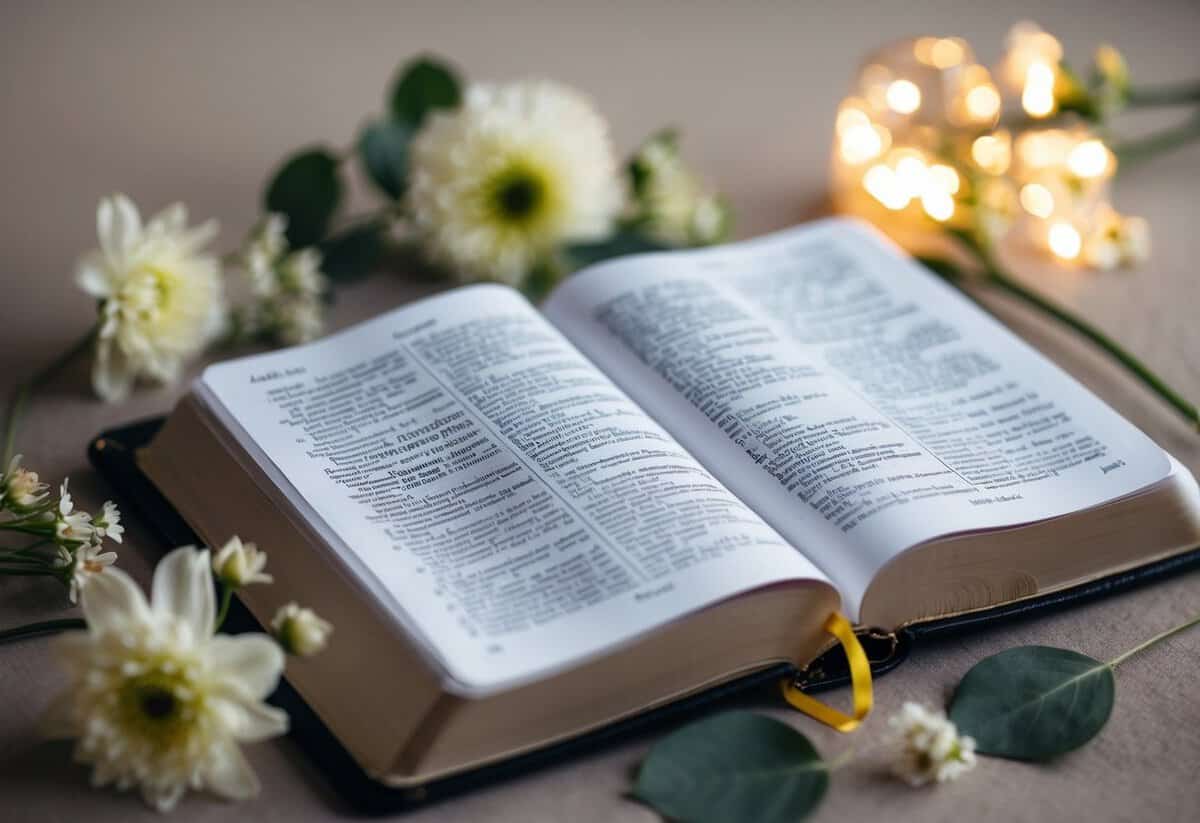 A bible open to a page with wedding vows, surrounded by delicate flowers and a soft, glowing light