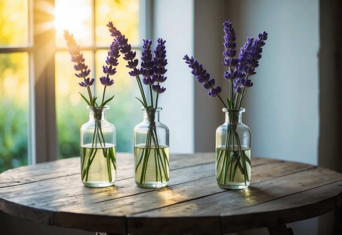 Four lavender flowers in a glass vase on a rustic wooden table. Sunlight streaming in through a nearby window, casting a soft glow on the delicate petals