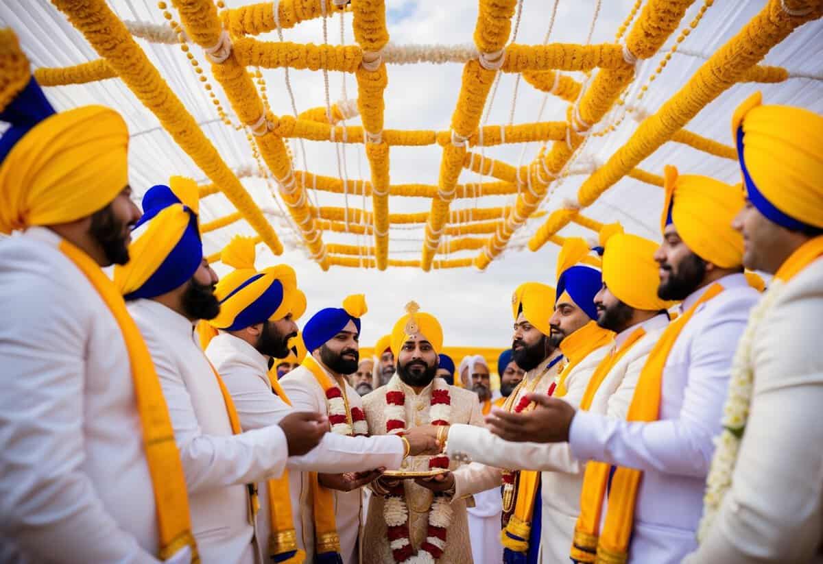 A traditional Sikh wedding ceremony with the four Laavan represented symbolically through a series of interconnected and flowing patterns