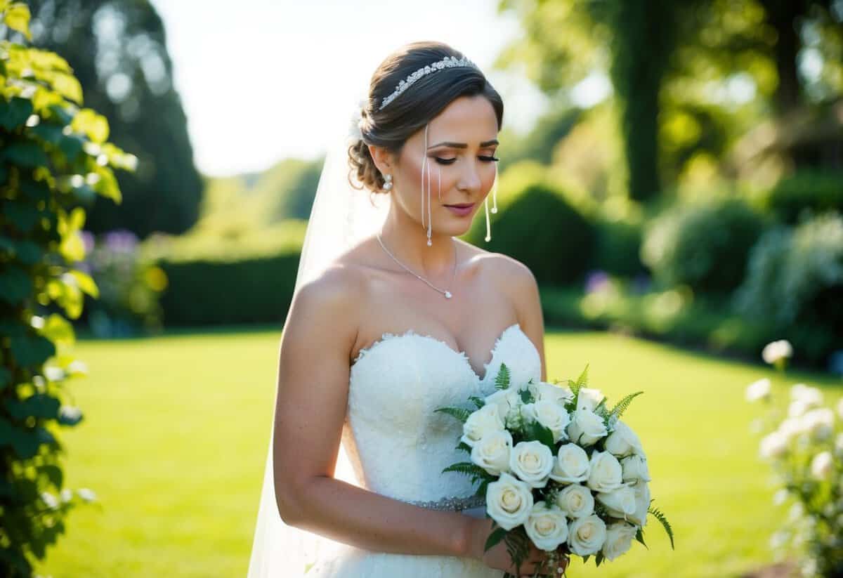 A bride standing in a sunlit garden, tears streaming down her face as she clutches a bouquet of white roses