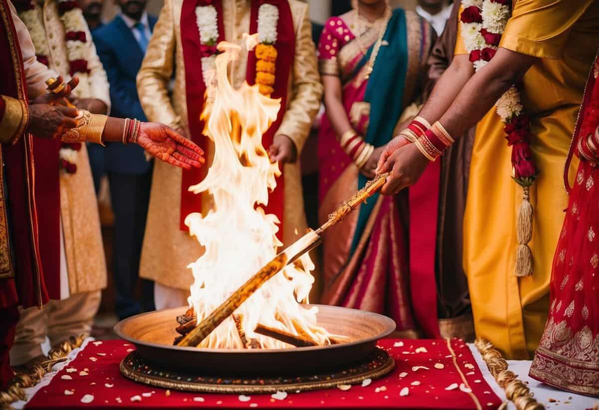 A sacred fire burns as a priest performs the kanyadaan ritual, symbolizing the bride's father giving her away in marriage