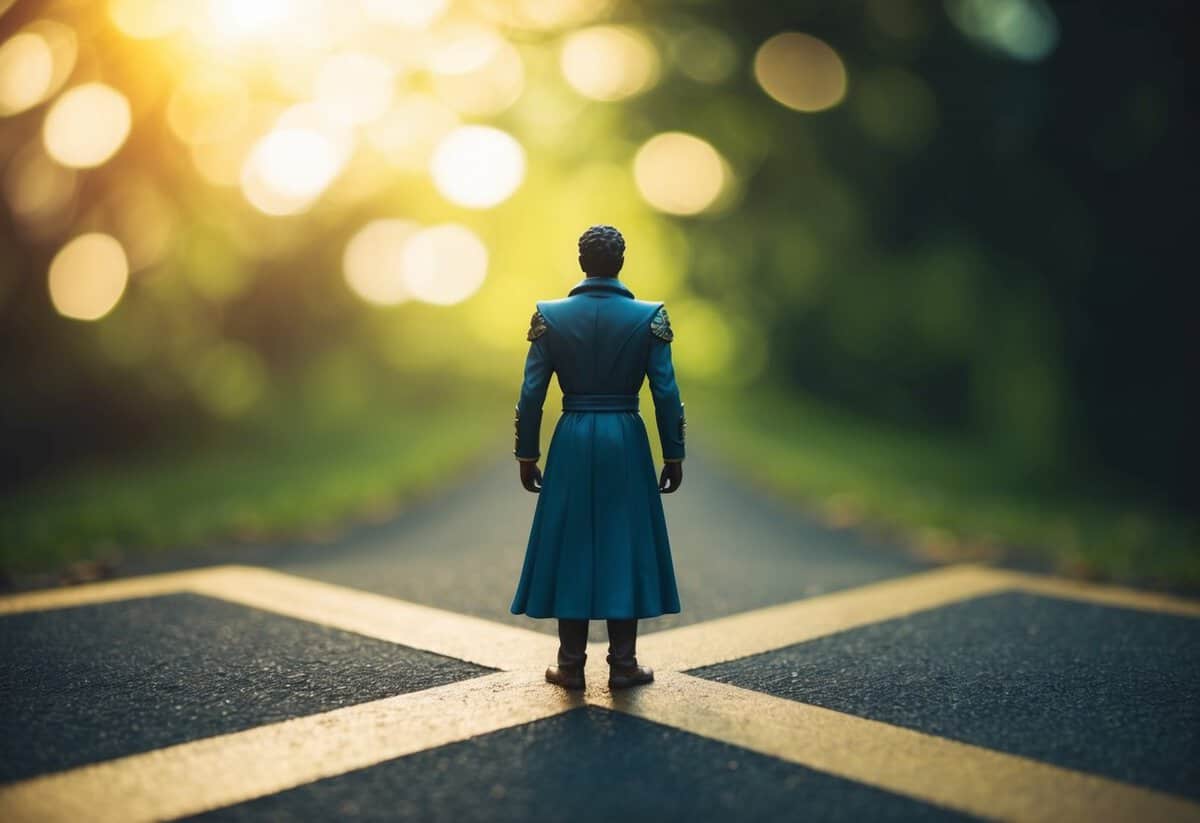 A figure standing at a crossroads, with one path leading to a grand, ornate declaration and the other to a humble, heartfelt vow