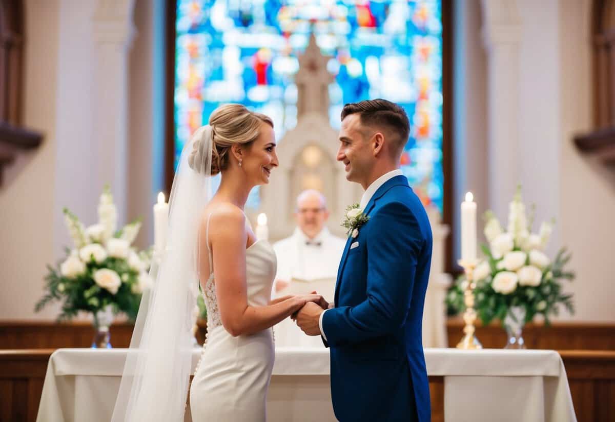 A bride and groom standing at the altar, facing each other with a serene and loving expression, exchanging wedding vows