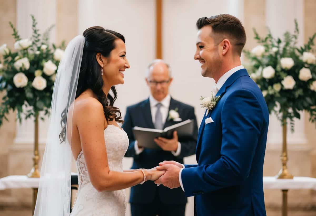A couple facing each other, exchanging vows at the altar during a wedding ceremony