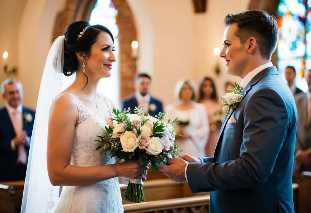 A bride standing at the altar, holding a bouquet of flowers, looking into her partner's eyes with love and devotion
