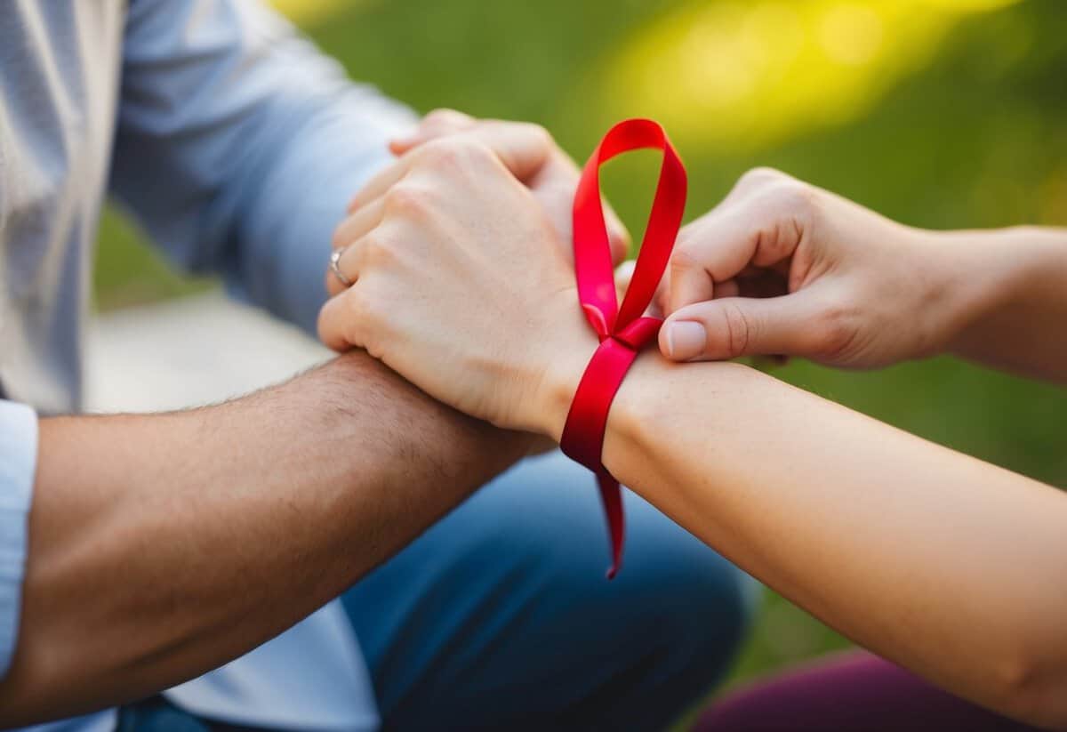 A couple ties their wrists together with a red ribbon, symbolizing their commitment and unity