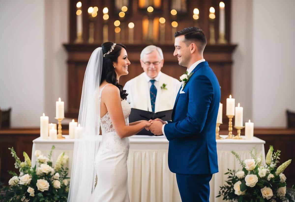 A bride and groom standing at the altar, exchanging wedding vows, surrounded by flowers and candles