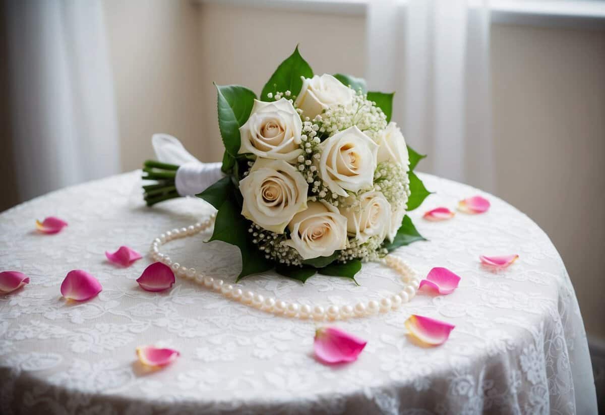 A bride's bouquet resting on a lace-covered table, surrounded by scattered rose petals and a delicate pearl necklace