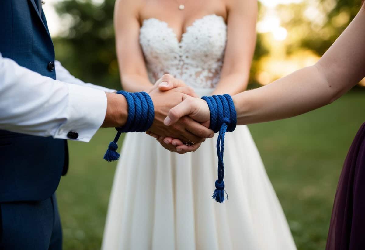 A couple's wrists are tied together with a symbolic cord, representing their unity and commitment during a personalized ceremony