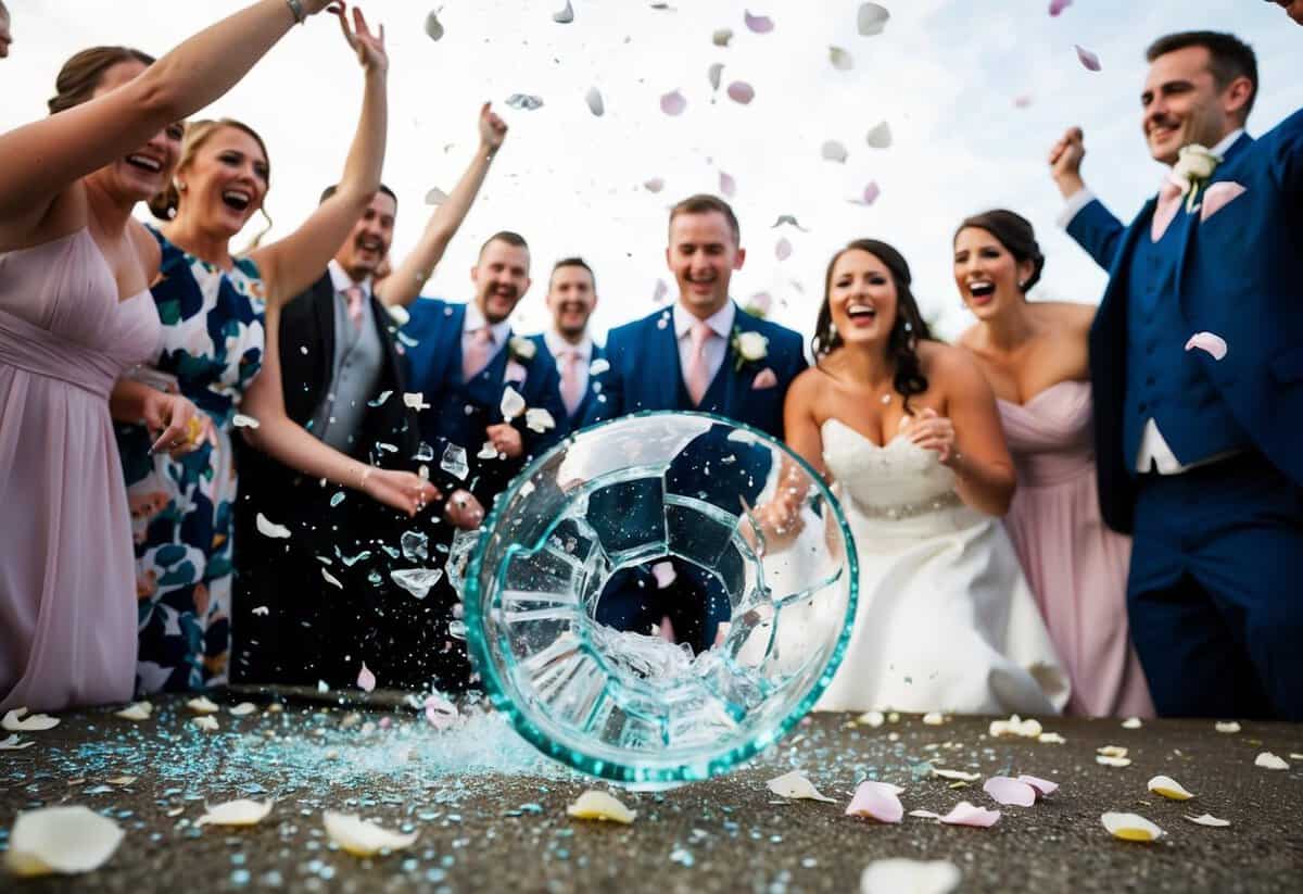 A glass shattering on the ground amid cheers and laughter, scattered rose petals and confetti, a bride and groom smiling