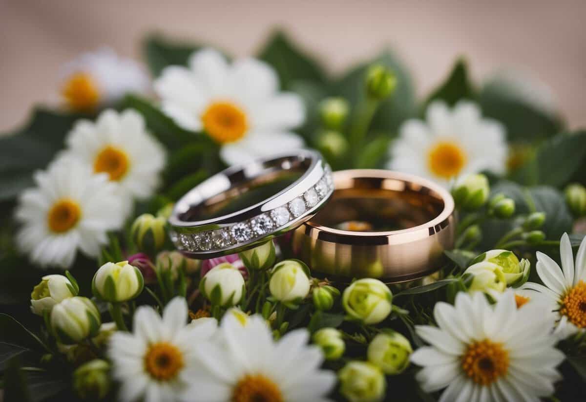 A pair of interlocked wedding rings resting on a bed of fresh flowers