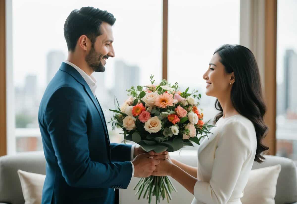 A husband presenting a bouquet of flowers to his wife