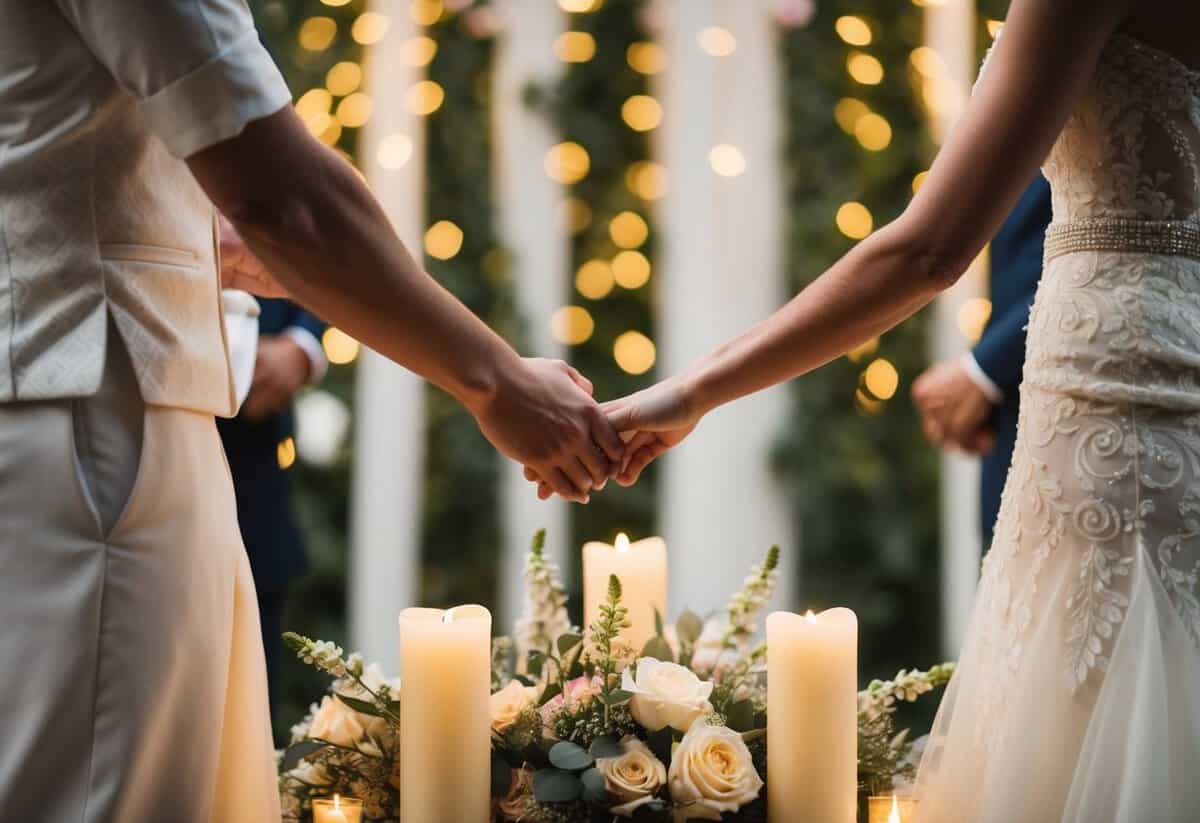 A couple standing facing each other, holding hands, surrounded by flowers and candles, exchanging traditional wedding vows