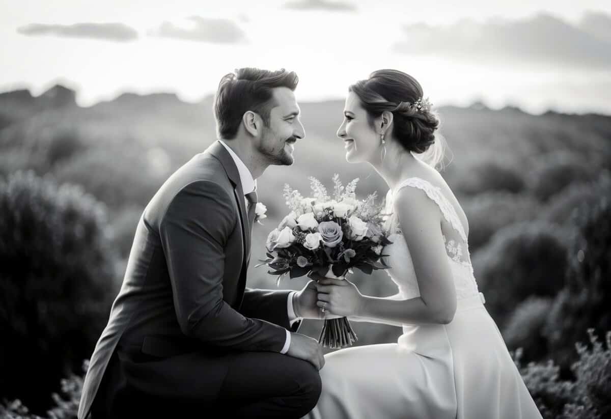 A husband kneeling with a bouquet of flowers, looking into his wife's eyes with sincerity and love