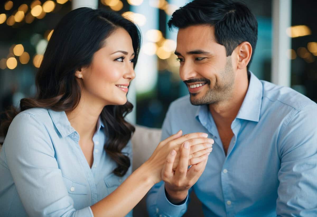A husband holding out a comforting hand to his wife, with a look of sincerity and assurance in his eyes