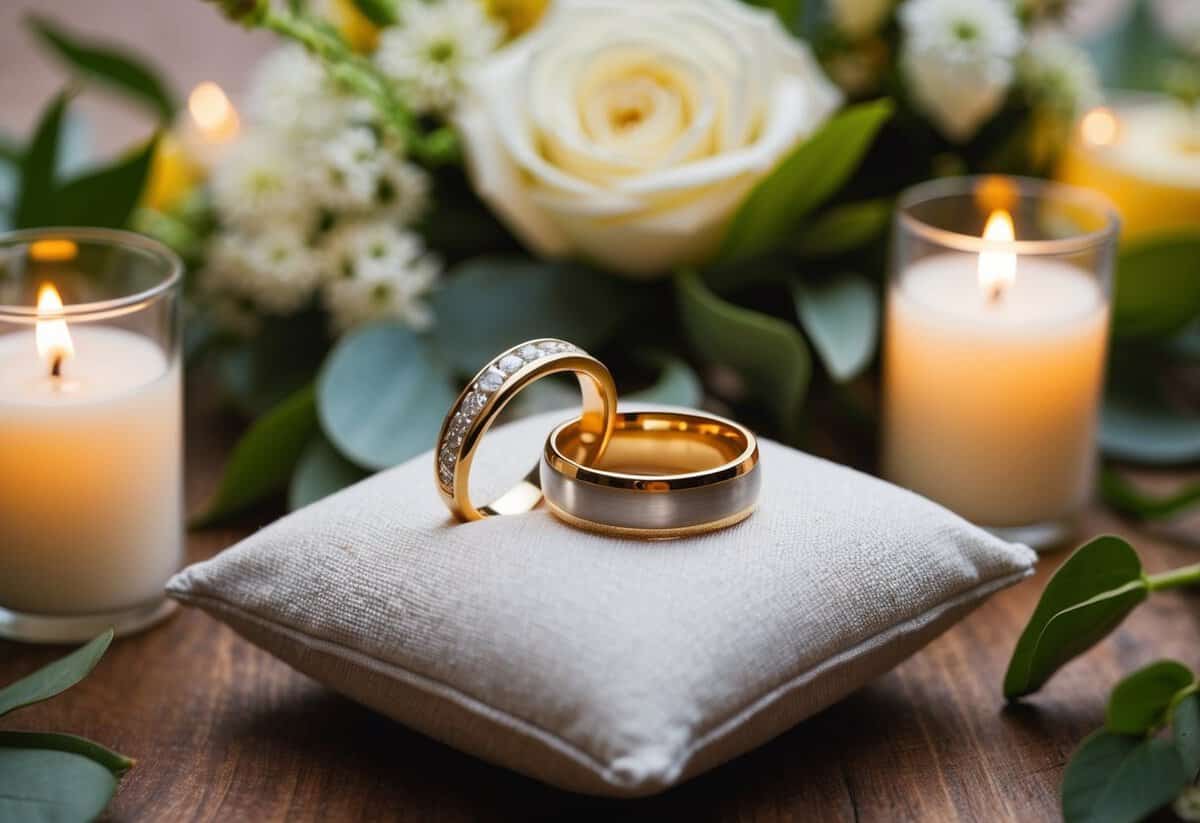 A pair of gold wedding rings placed on a cushion, surrounded by fresh flowers and candles, symbolizing the exchange of vows