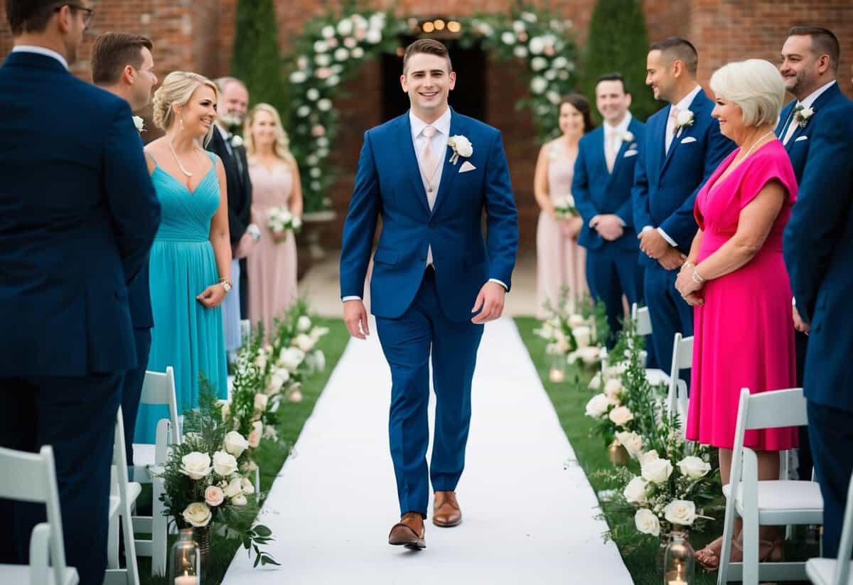 The groom walks down the aisle, leading the way for the wedding party