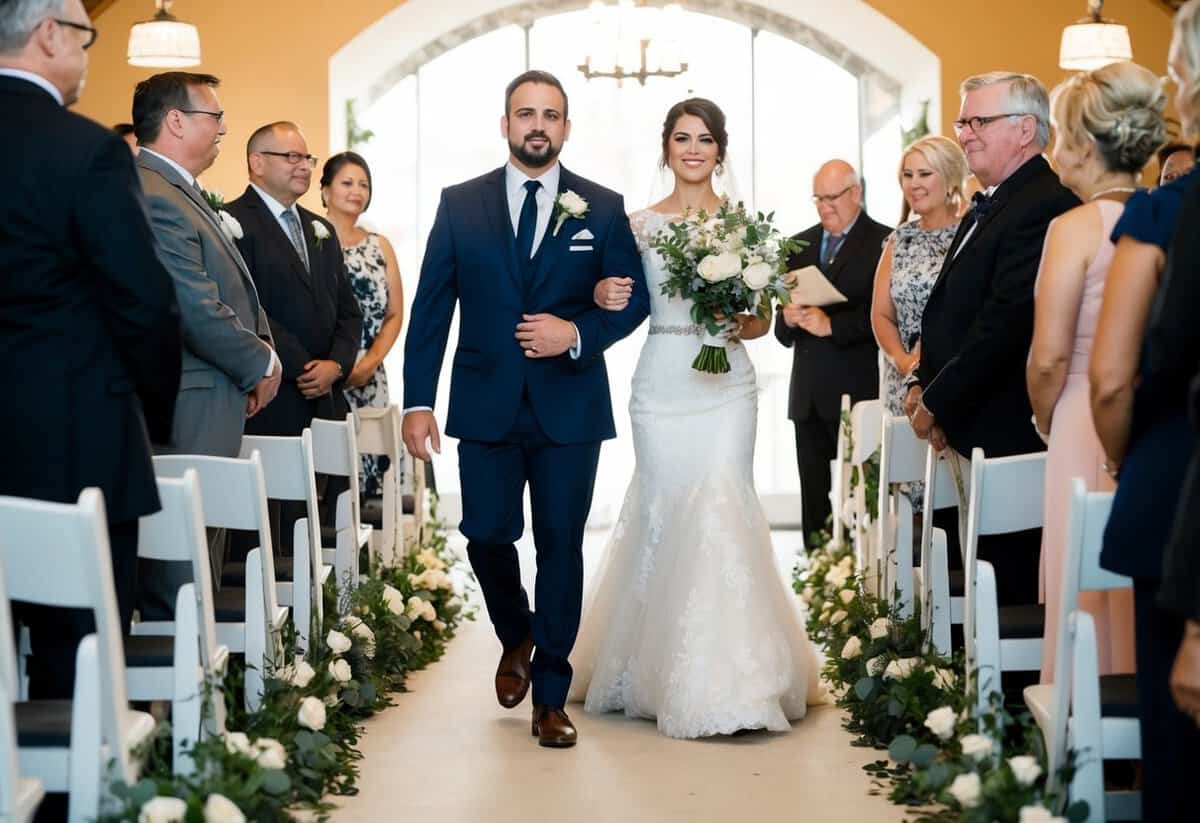 The groom walks down the aisle first, followed by the officiant and then the bride