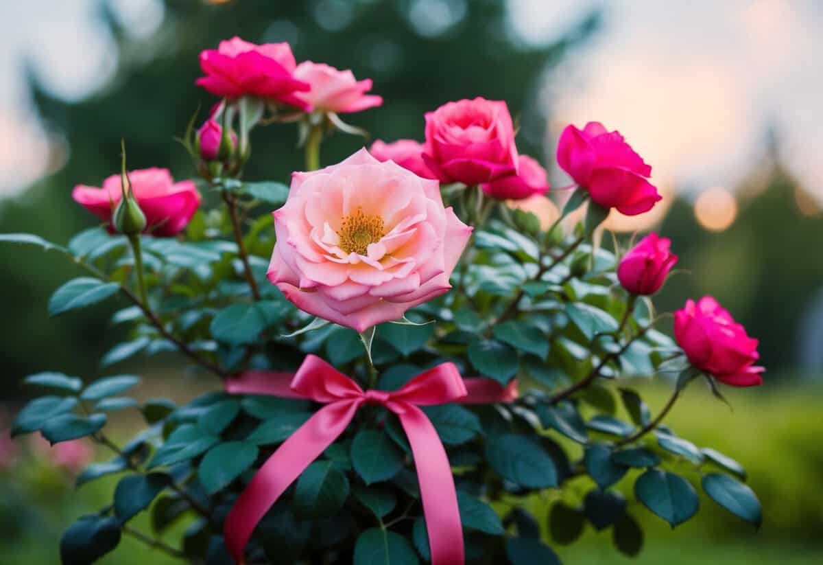 A blooming rose bush with a ribbon tied around the base