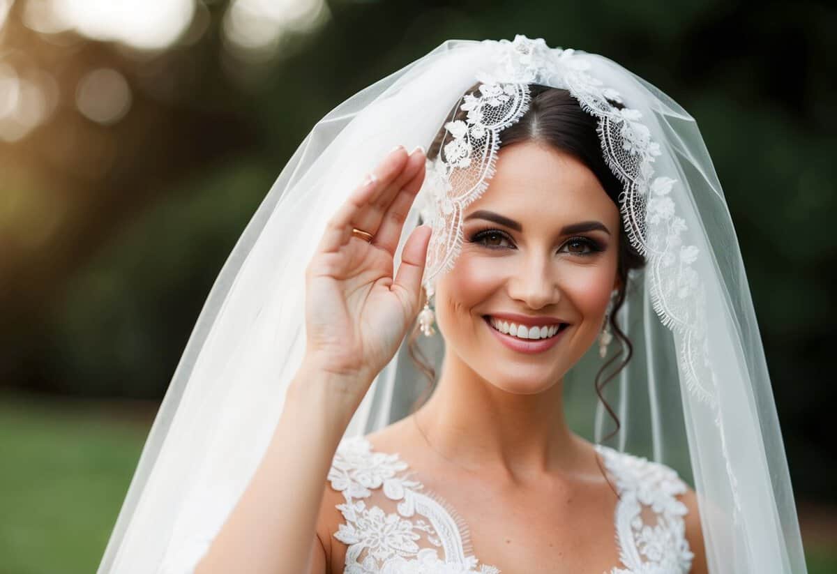 A bride's hand lifts a delicate lace veil, revealing her smiling face