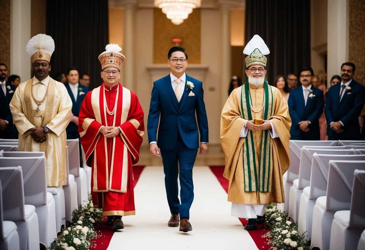 The groom walks down the aisle, flanked by two ceremonial figures representing different traditions