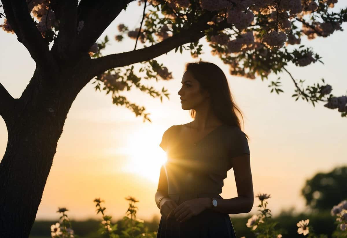 A woman's silhouette standing under a tree, surrounded by blooming flowers, with the sun setting in the background