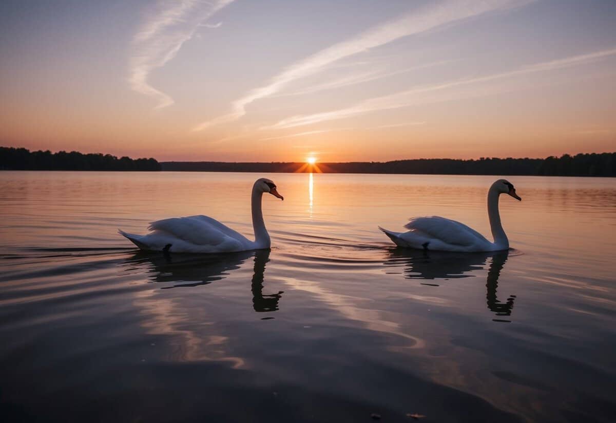 A serene sunset over a calm lake, with a pair of swans gracefully gliding across the water
