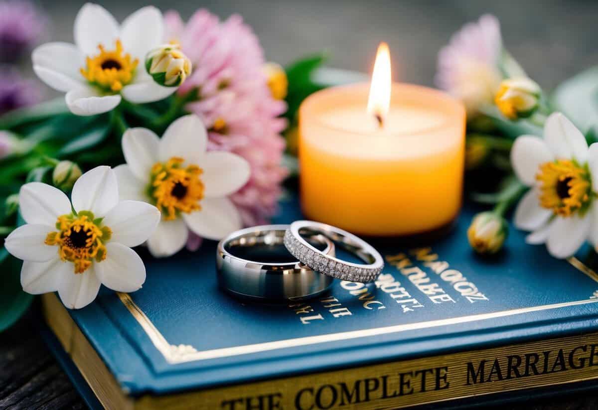 A couple's intertwined wedding rings resting on a book titled "The Complete Marriage," surrounded by blooming flowers and a burning candle