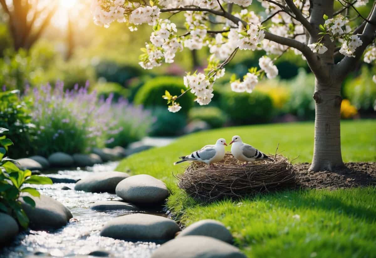 A serene garden with a blooming tree, a flowing stream, and a pair of doves nesting together