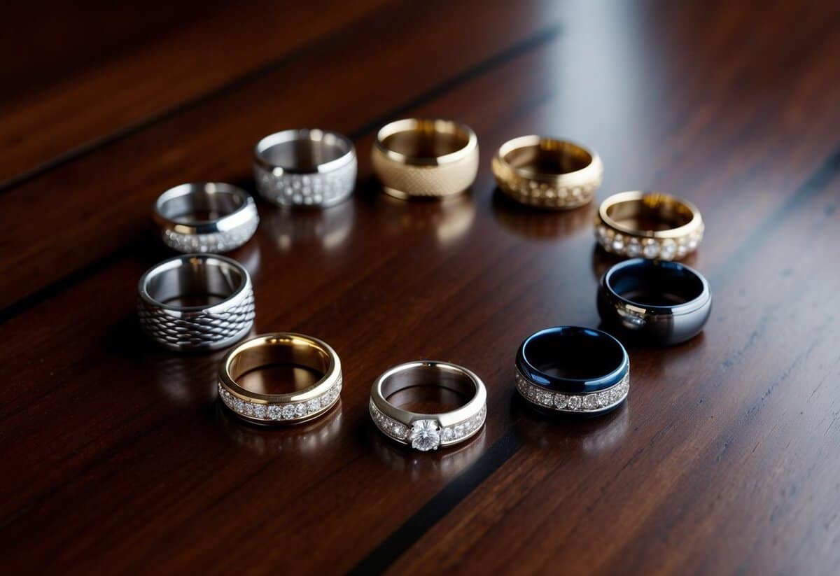Eight wedding rings arranged in a circle on a polished wooden surface. Each ring is unique in design, showcasing a variety of materials and styles