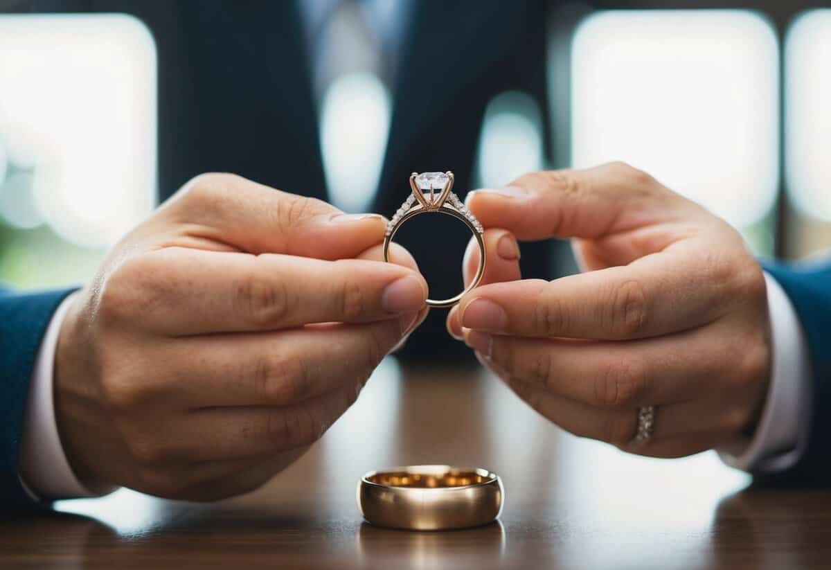 A pair of hands holding a wedding ring and a wedding band, ready to exchange and place them on a surface