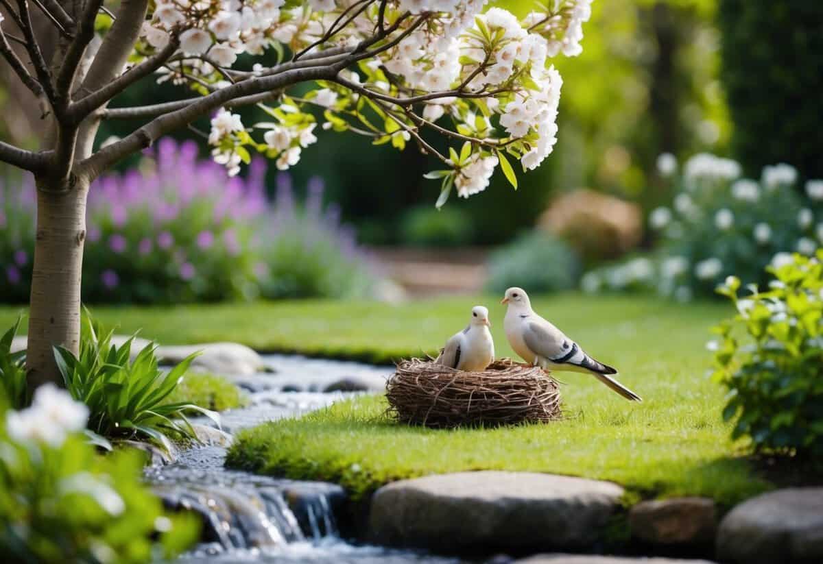 A serene garden with a blooming tree, a flowing stream, and a pair of doves nesting in a peaceful setting