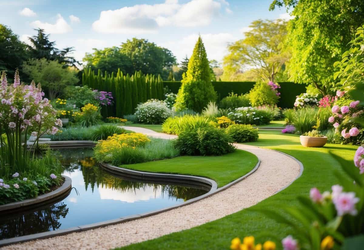 A serene garden with a winding path leading to a peaceful pond, surrounded by blooming flowers and lush greenery, symbolizing God's three purposes for marriage: companionship, procreation, and reflection of His love
