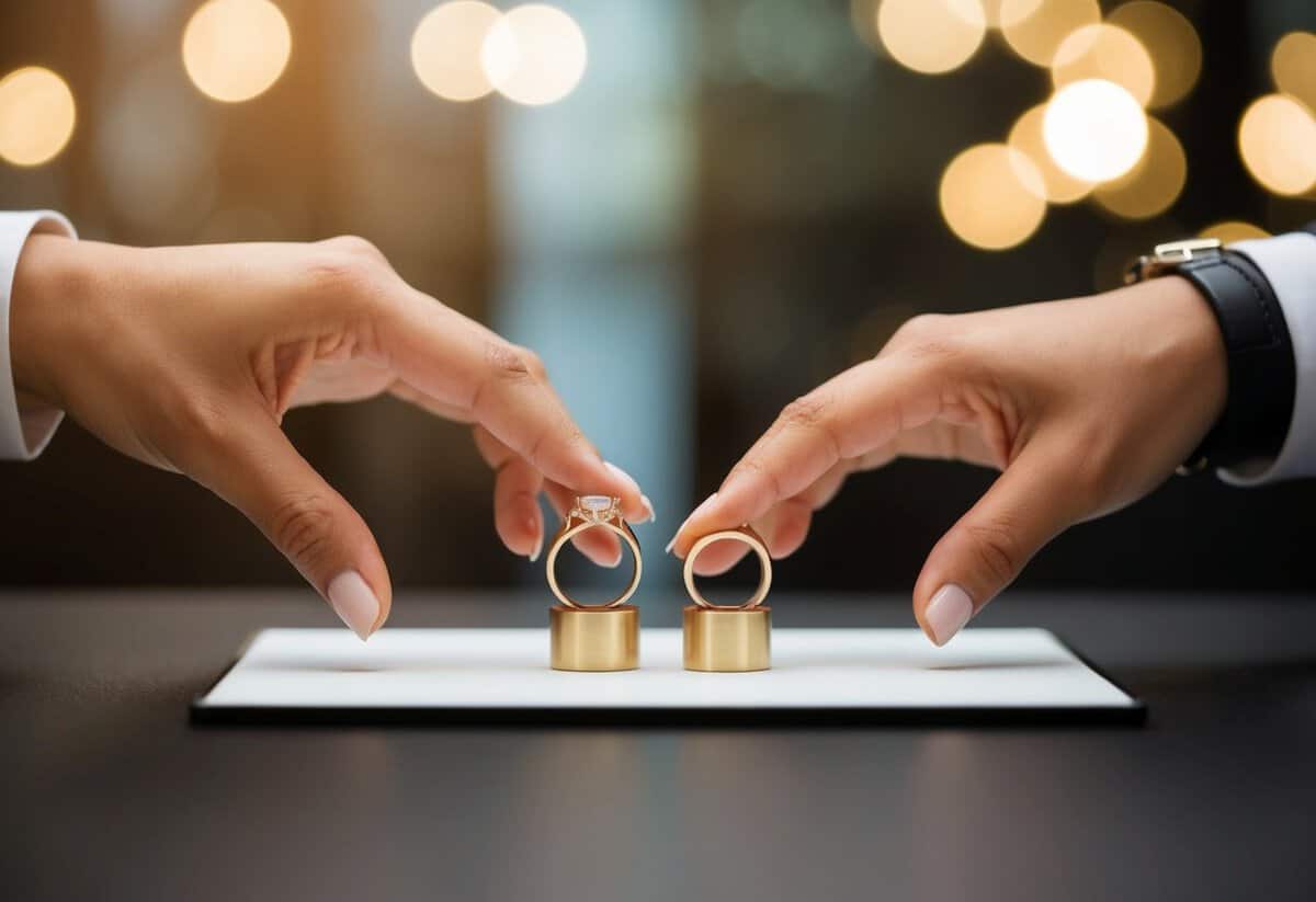 A table set with two rings, one slightly ahead of the other. A pair of hands reaching for them simultaneously