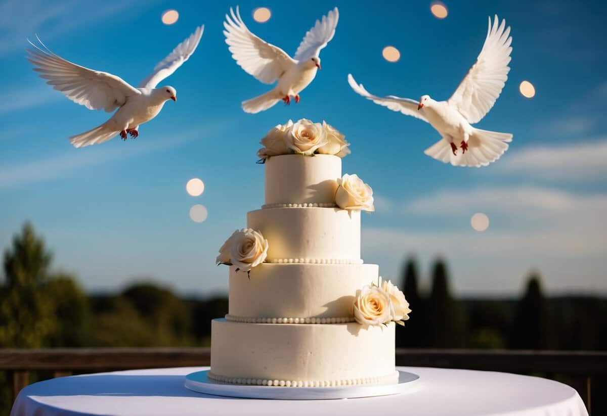 A wedding cake with seven tiers, adorned with seven roses and seven doves flying above