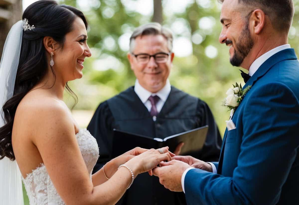 A couple exchanging wedding rings in front of an officiant