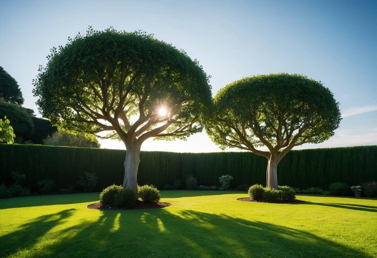 A serene garden with two intertwining trees under a clear sky