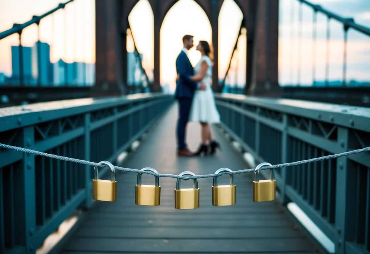 A couple standing on a bridge with seven locks symbolizing challenges and strengths in their relationship