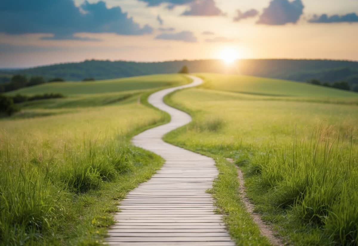 A winding path leads through a serene landscape, symbolizing the journey of marriage towards salvation