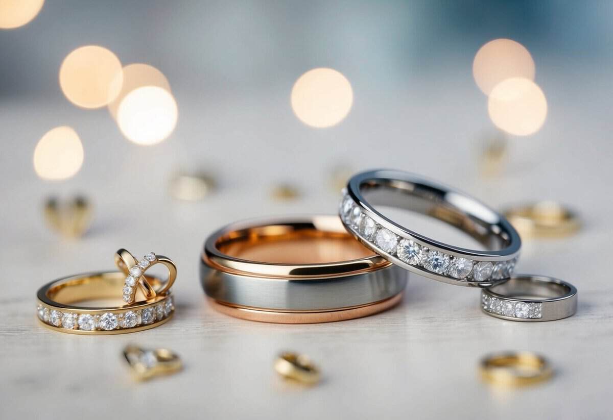 A wedding ring surrounded by symbols of companionship, support, love, commitment, partnership, and family