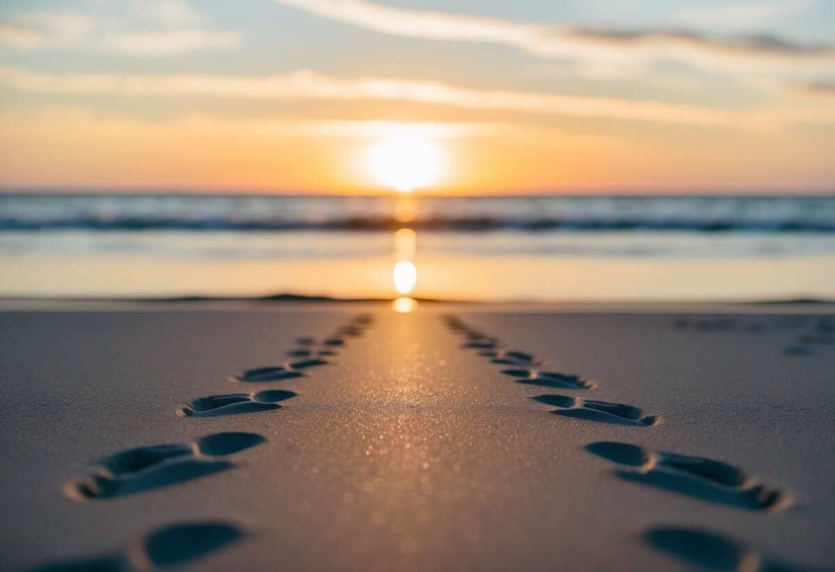 A sunset over a tranquil beach, with two sets of footprints leading towards the horizon