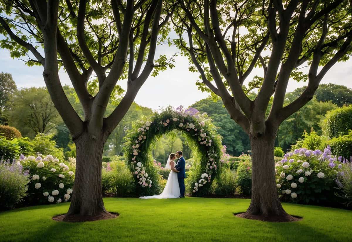 A serene garden with intertwined trees and flowers, symbolizing eternal love and unity for married couples in heaven