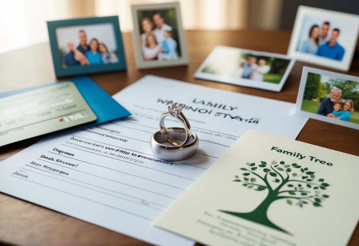 A wedding ring placed on a table surrounded by family photos, a shared bank account statement, a joint mortgage document, a wedding invitation, and a family tree