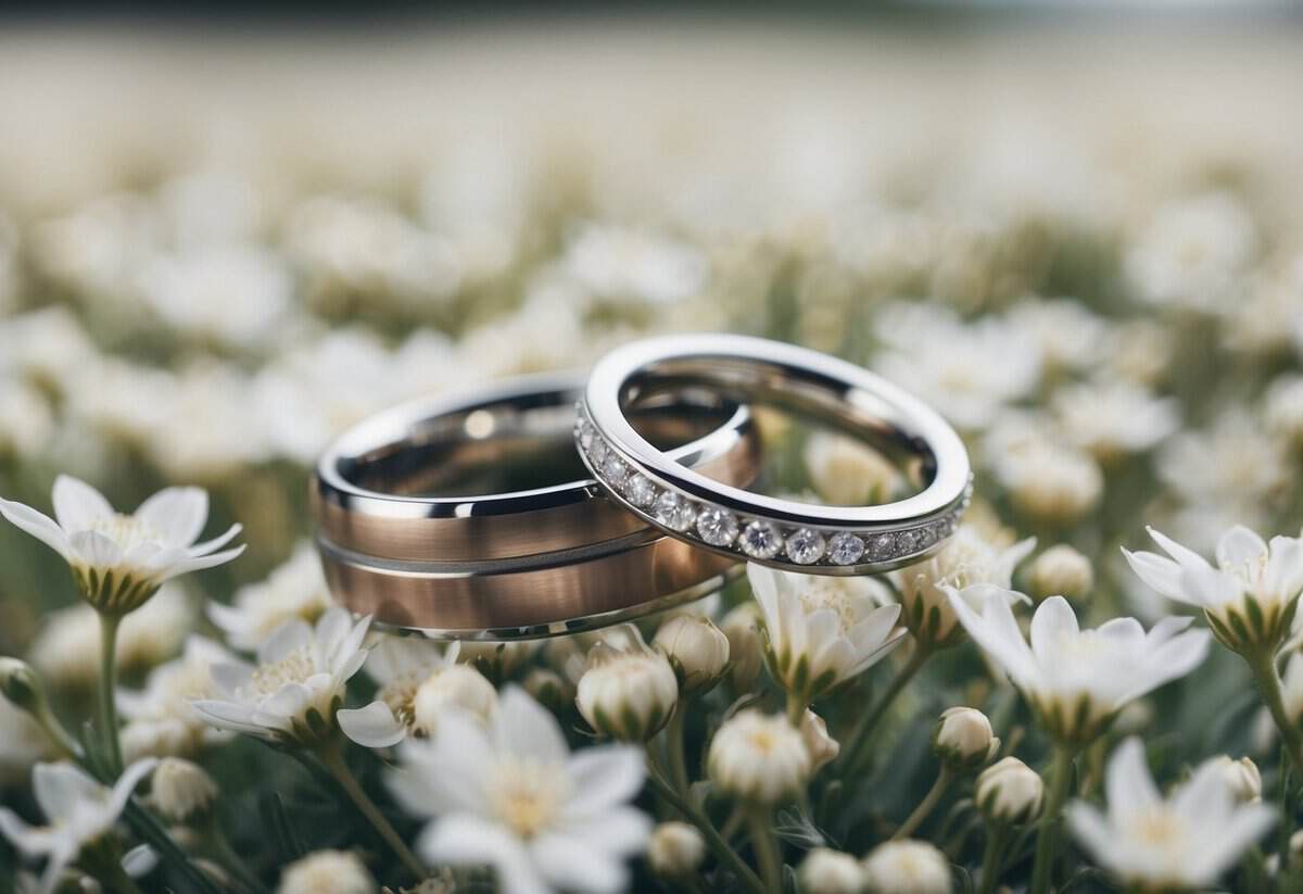 A pair of intertwined wedding rings resting on a bed of delicate white flowers